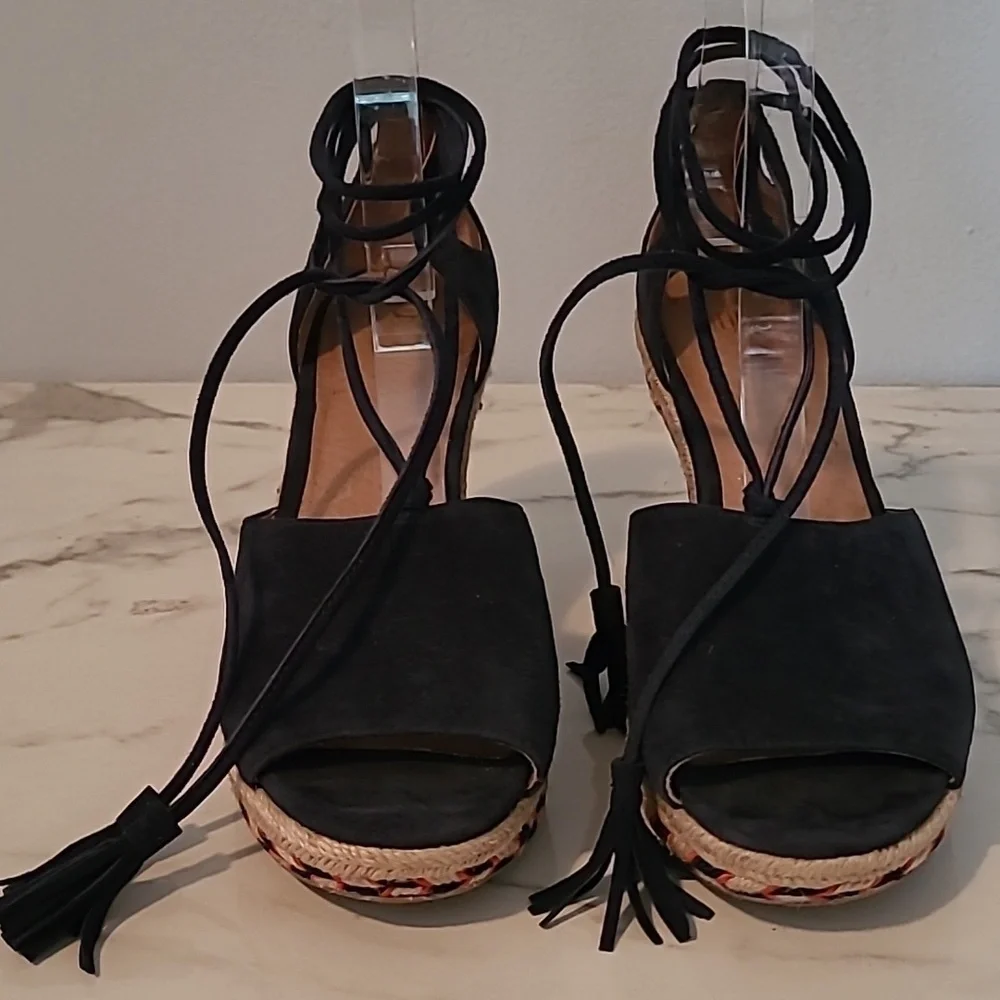 Cabi Isla Leather Suede Navy Blue Wedge Heels Espadrilles Sandals Wmns 7.5 Boho